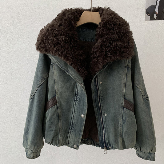Vintage Long Sleeve Lamb Wool Denim Coat for Women with Big Turn-Down Collar, Oversized Style, Winter Fashion Outerwear