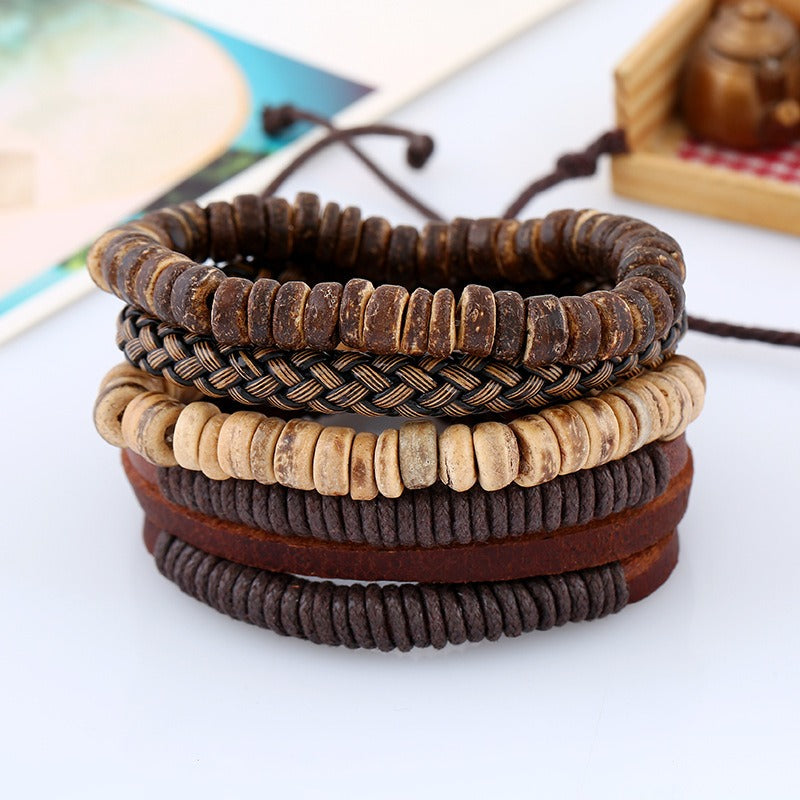 Minimalist Retro Set Bracelet - DIY Woven Cowhide Bracelet Coconut Shell Bracelet for Men
