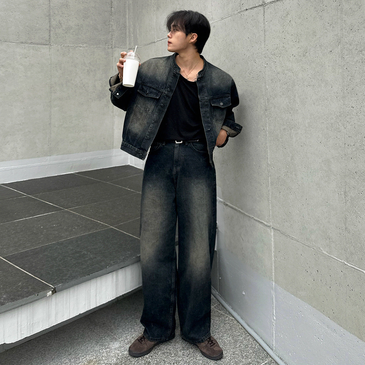 Retro Distressed Wide Leg Jeans Men's Spring Autumn Loose Denim Jacket Commute Fashion Set