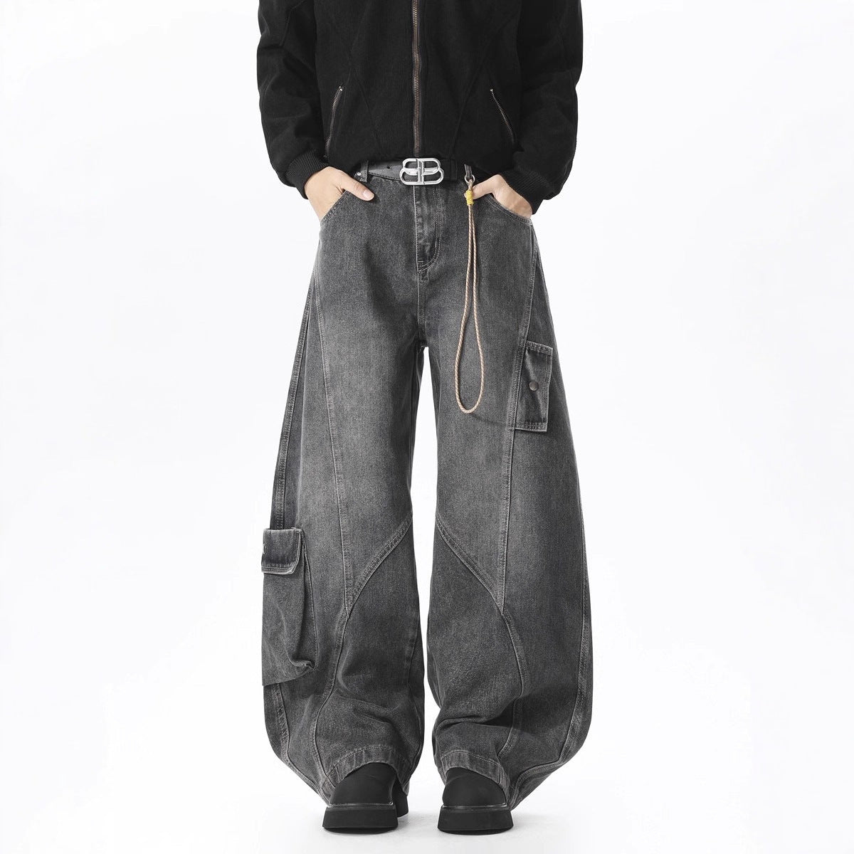 Deconstructed Oversized Pocket Cargo Jeans - Shape Casual Wide-Leg Pants