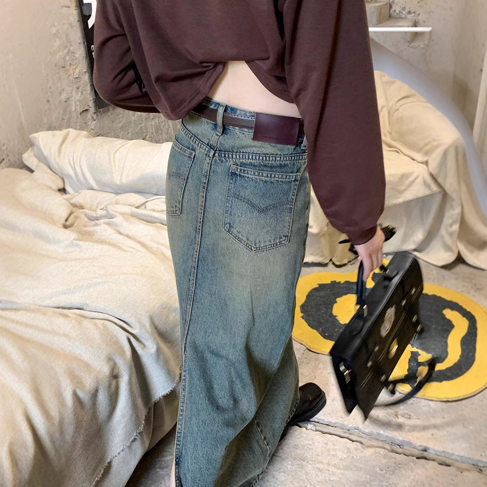 Retro High-Waist Slim A-Line Long Denim Skirt