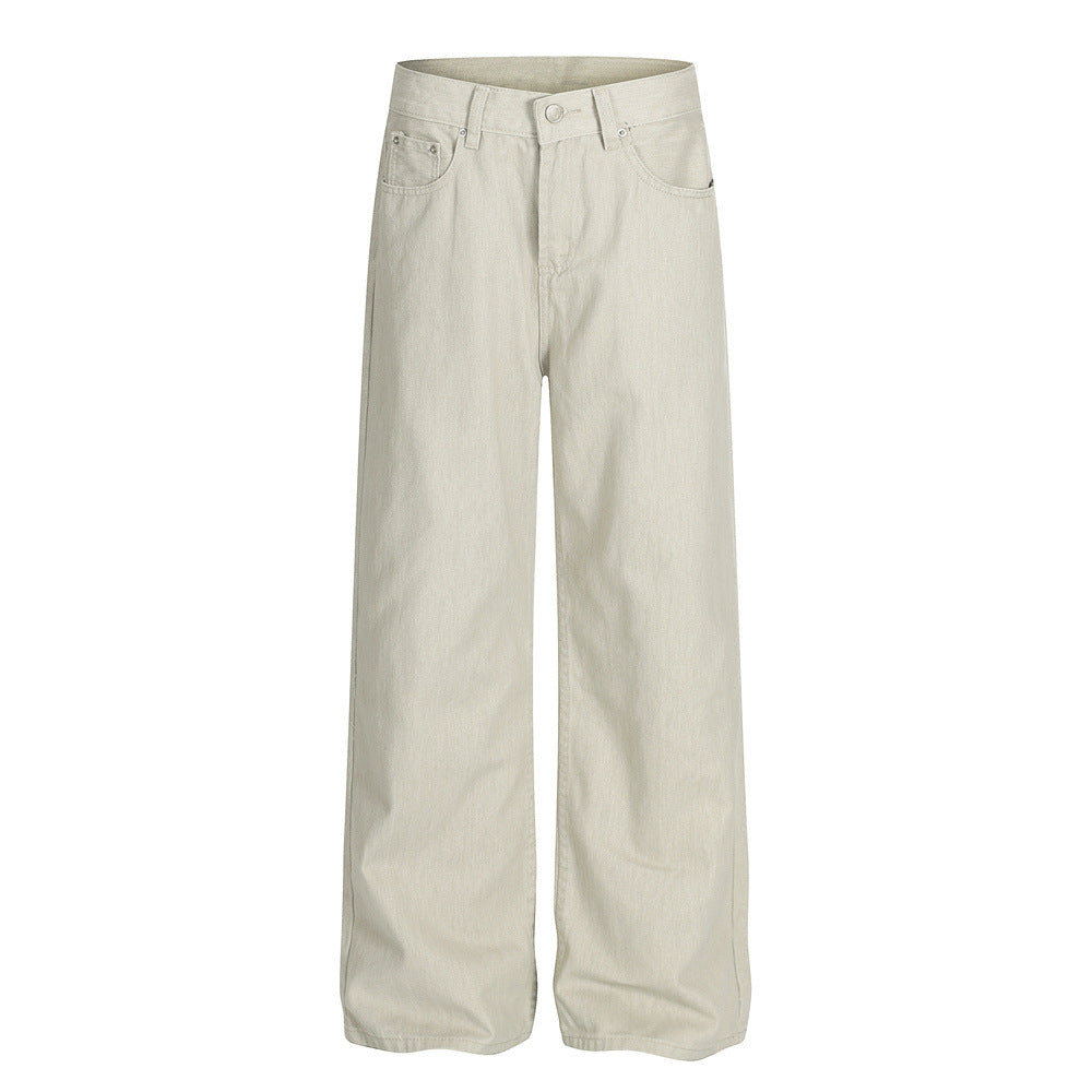 Retro Men's Denim Pants, Simple Solid Color Straight Leg Trendy Brand Versatile Loose Fit Men's Trousers