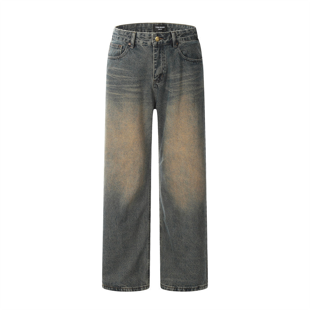 Men's Casual Faded Denim Long Pants - Retro Straight Leg Trousers