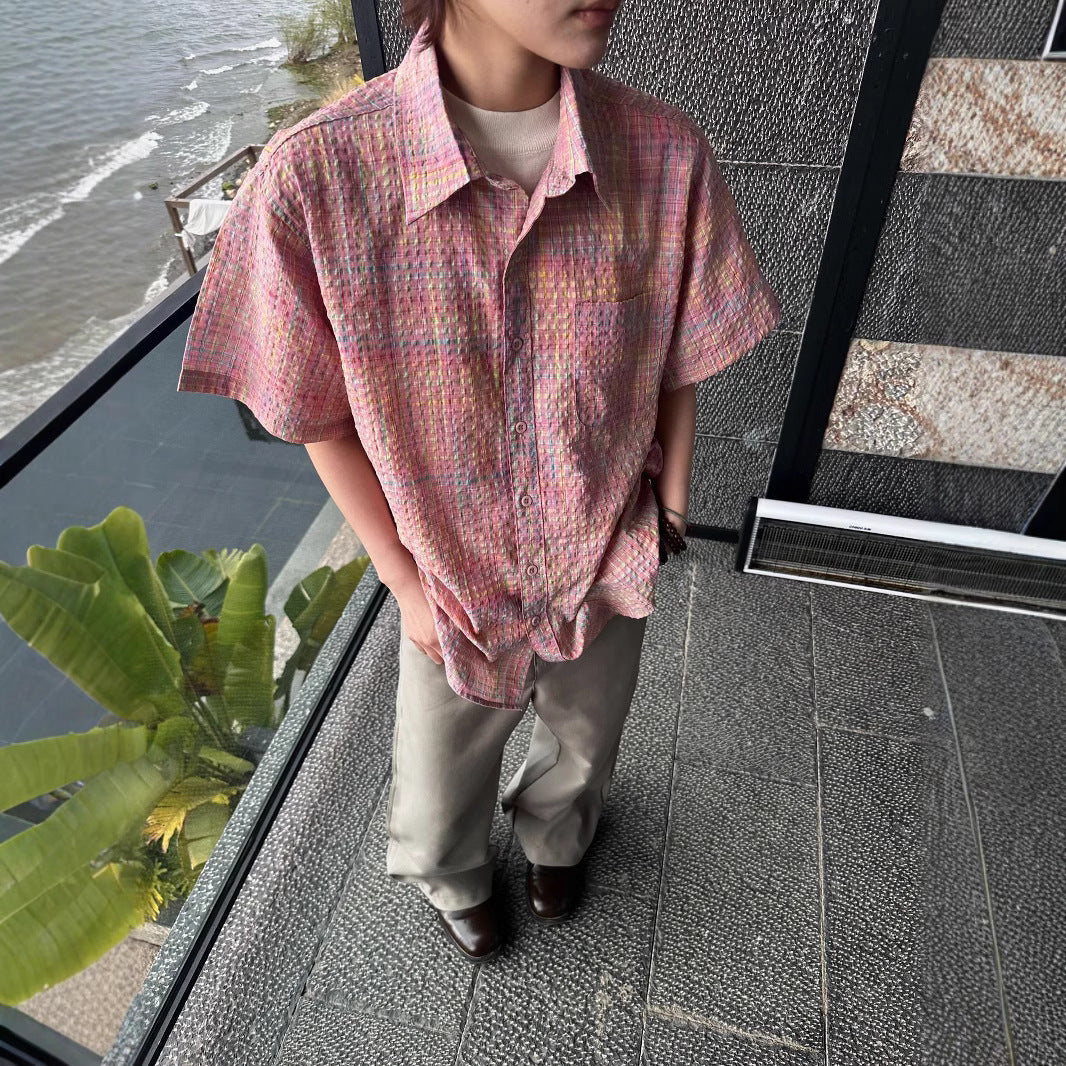 Woven Plaid Cross Yoke Loose Silhouette Short Sleeve Shirt