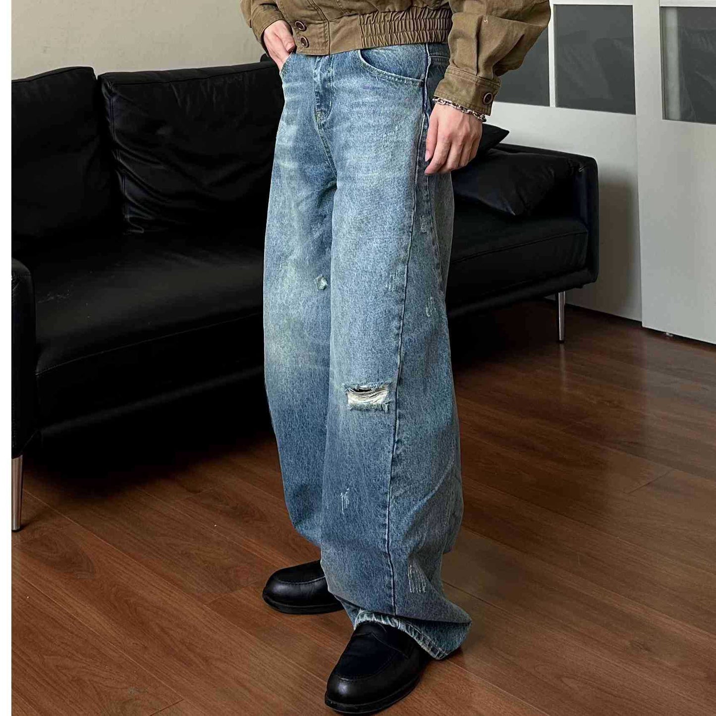 Hole Loose Tapered Wide Leg Jeans for Men and Women