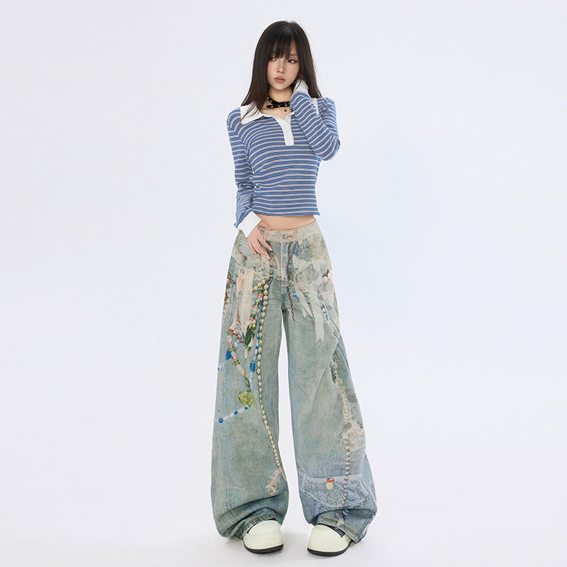 High Street 3D Chain Print Denim Pants for Women - Loose High Waist Wide Leg Trousers