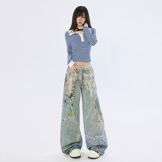 High Street 3D Chain Print Denim Pants for Women - Loose High Waist Wide Leg Trousers