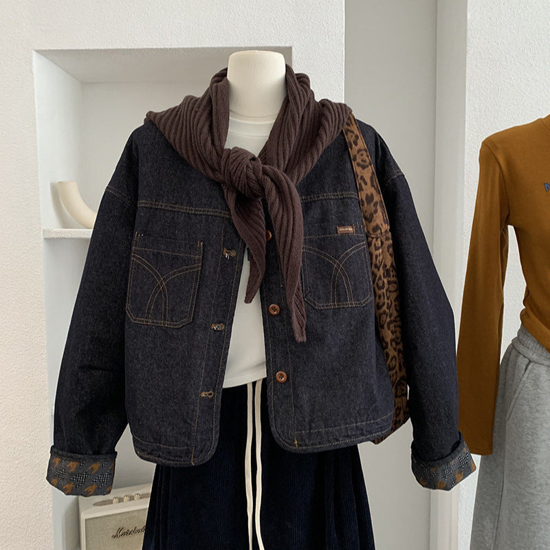 Cotton-Lined Round Neck Single-Breasted Long Sleeve Denim Jacket with Knit Shawl Two-Piece Set for Women