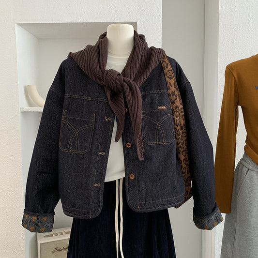 Cotton-Lined Round Neck Single-Breasted Long Sleeve Denim Jacket with Knit Shawl Two-Piece Set for Women