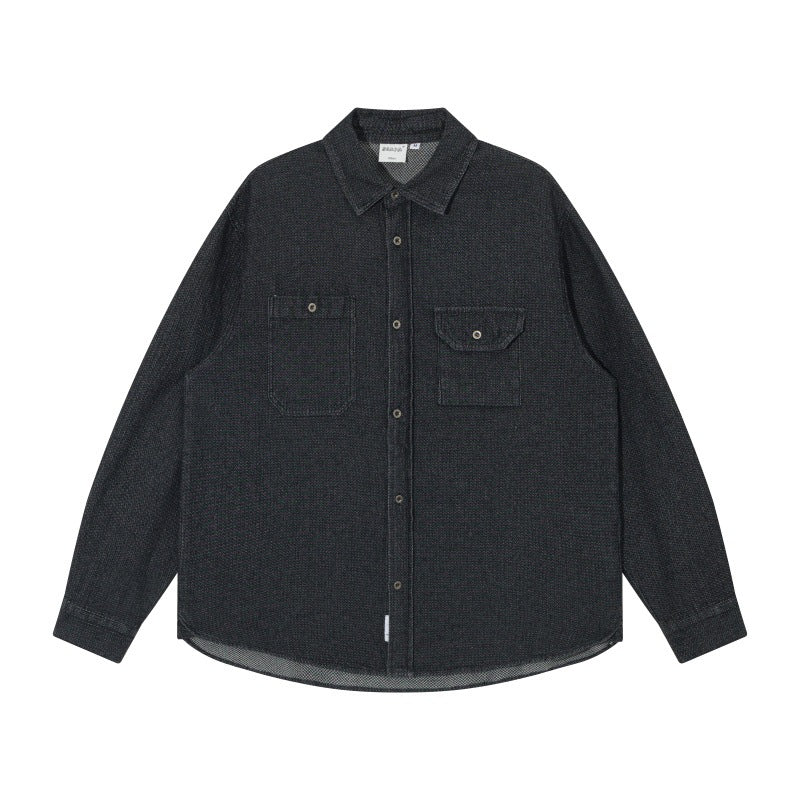 Washed Denim Workwear Long Sleeve Shirt with Patch Pockets