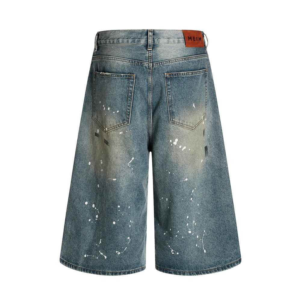 Men's Heavy-Duty Aged Denim Distressed Three-Quarter Shorts