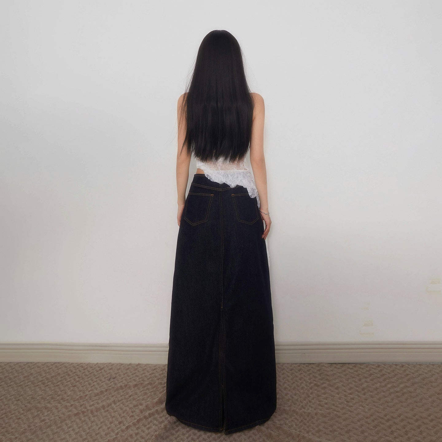 Tall Women's Dark Blue Denim Midi Skirt - Retro High Waist Straight Tube Skirt