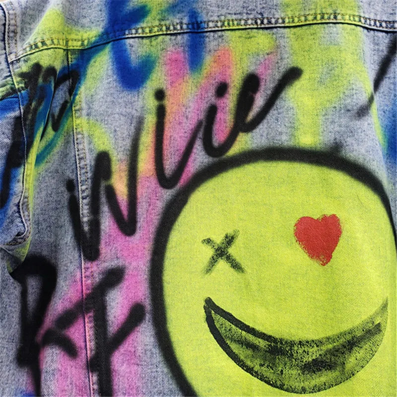 Women's Denim Jacket - Streetwear Loose Fit Graffiti Jeans Coat with Pockets