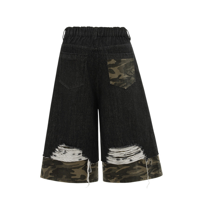 Unisex Oversized Distressed Camouflage Denim Three-Quarter Pants