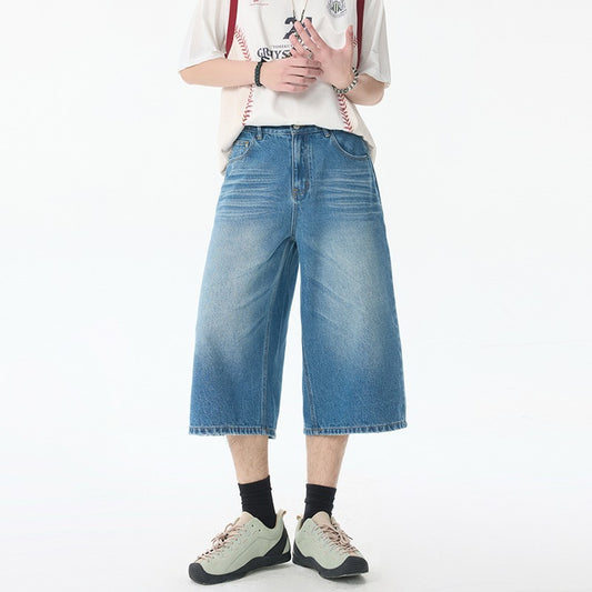 Washed Denim Cropped Straight Leg Casual Shorts