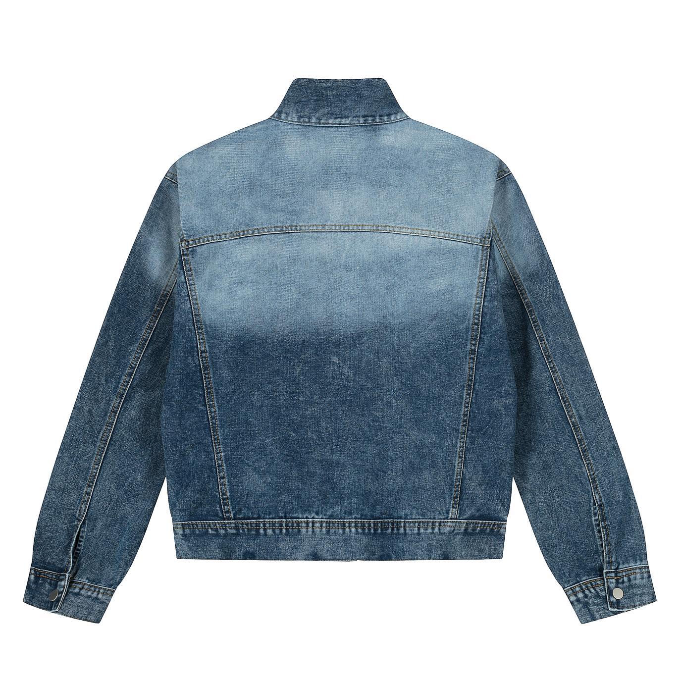 Vintage Washed Denim Jacket with Stand-Up Collar