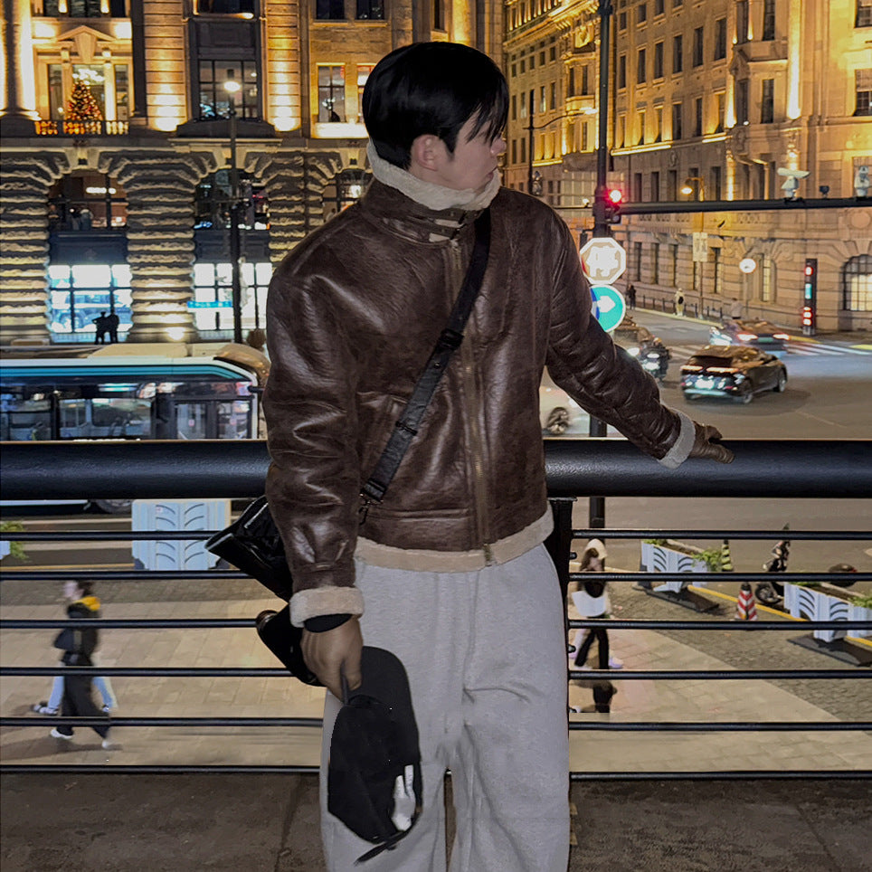 Faux Lamb Wool Turn-Down Collar PU Leather Cotton Coat Men Winter Loose Warm Thickened Cotton Jacket Commuter Outfit