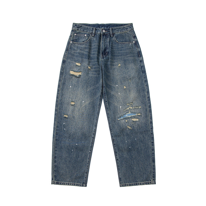 Washed Paint Splatter Patch Hole Catwhisker Straight Leg Jeans for Men