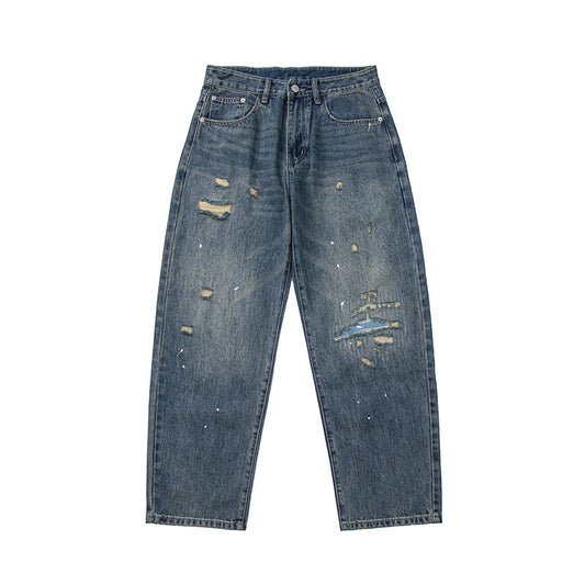 Washed Paint Splatter Patch Hole Catwhisker Straight Leg Jeans for Men