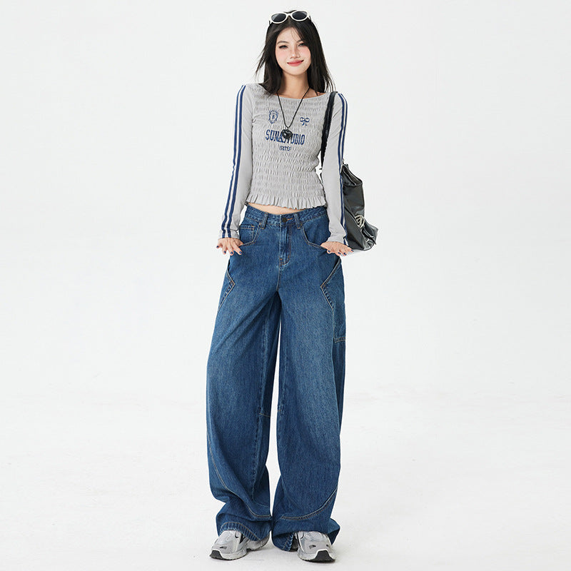 Women's Large Pocket Oversized Knife-Edge Jeans – Loose Baggy Patchwork Wide Leg Pants