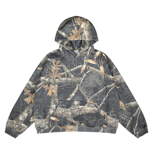Hoodie with Tree Camouflage Print Fleece-Lined