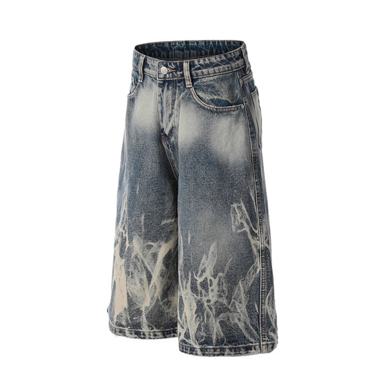 Lightning Patterned Denim Seven Quarter Shorts for Modern