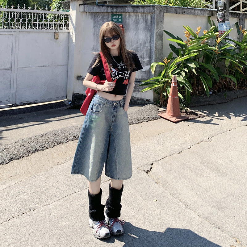 Women's Washed Straight Denim Shorts - Loose Slimming Gradient Color Five-Point Pants