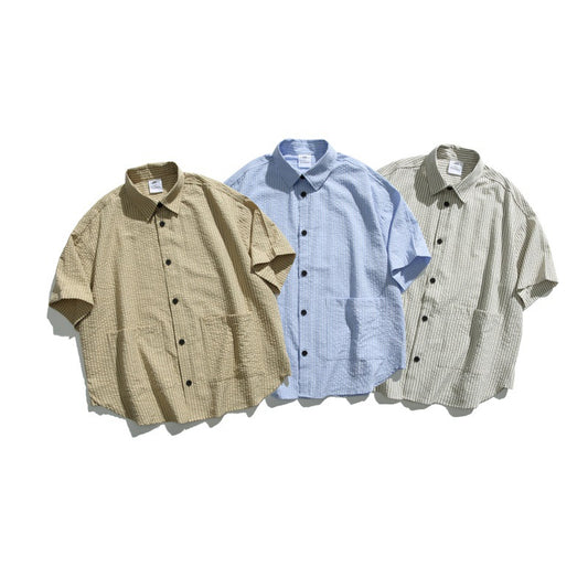 Large Pocket Striped Loose Casual Short Sleeved Shirt