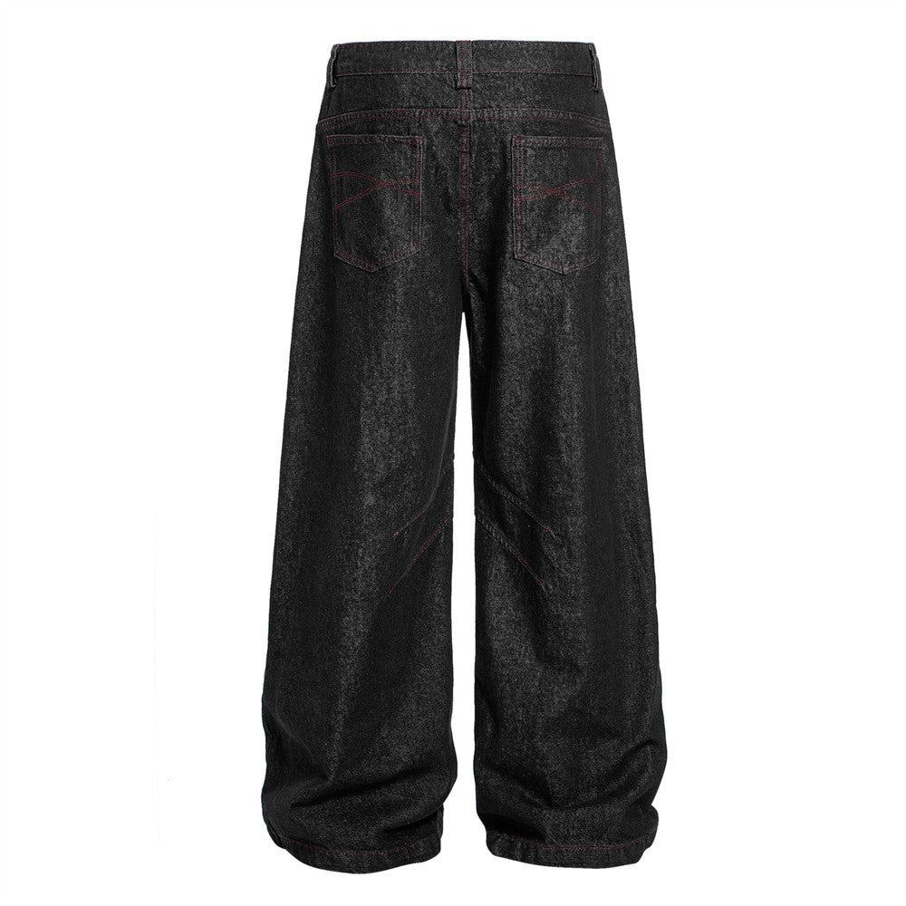 Retro High Street Loose Wide-Leg Denim Trousers with Pleated Stitching