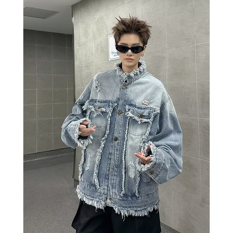 Washed Denim Jacket with Tassel and Frayed Edges