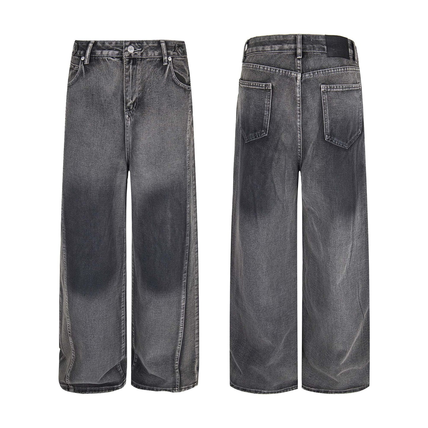 Unisex Retro Washed Spliced Denim Pants - Loose Wide Leg Straight Trousers