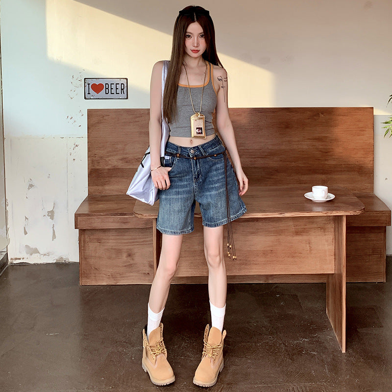 High Waist Slim Straight Leg Denim Shorts for Women