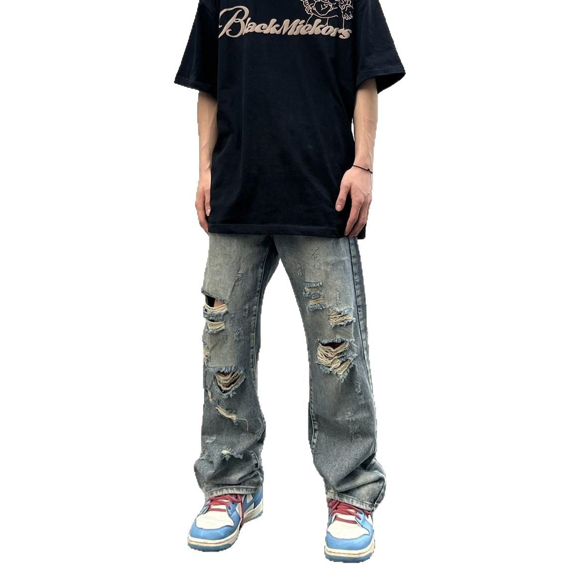 Summer Loose Straight Tube Washed Ripped Beggar Pants