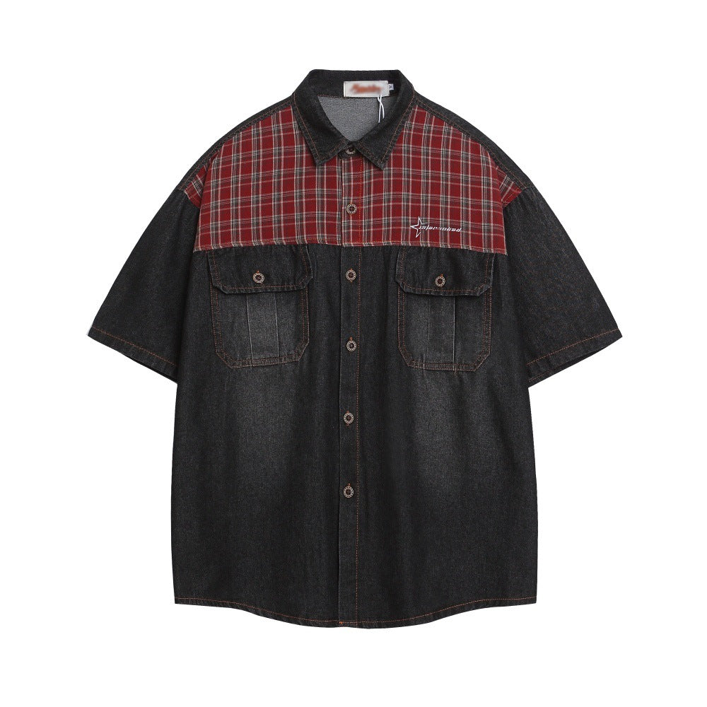 Punk Vintage Washed Denim Shirt Men's Color Block Plaid Collar Short Sleeve Loose