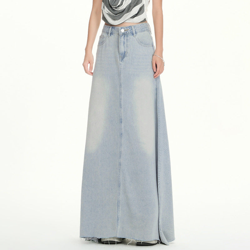 High-Waisted Flowing Denim Skirt for Women - Flared Design with Frayed Hem
