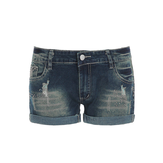 Hot Stamping Washed Retro Distressed Low Rise Denim Shorts