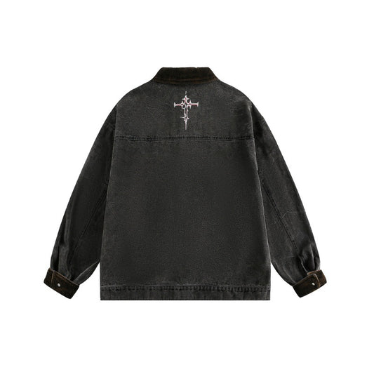 Dark Washed Graffiti Patchwork Loose Denim Jacket