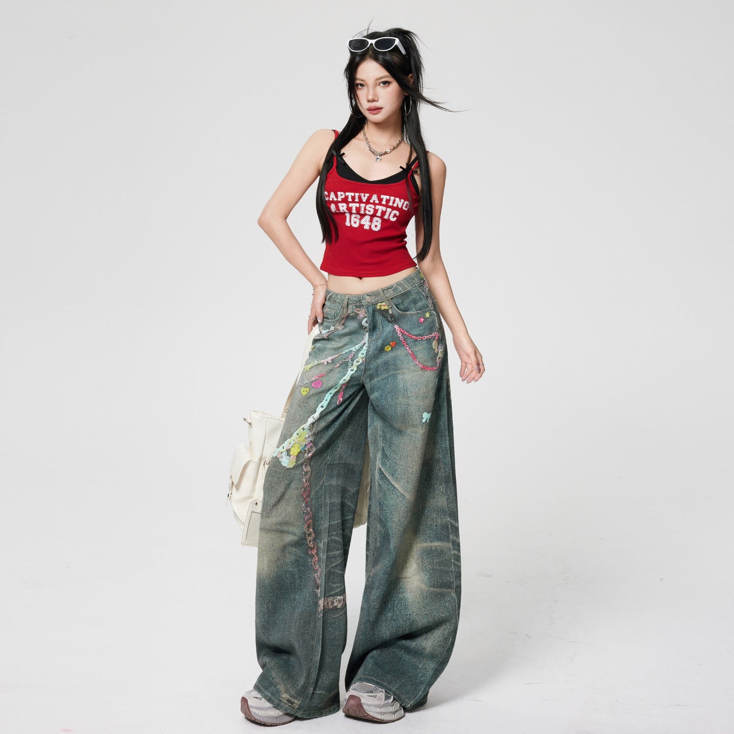 Candy Chain Pants Spicy Girl Digital Print Denim Trousers Women Fashion Straight Leg Wide Leg Pants