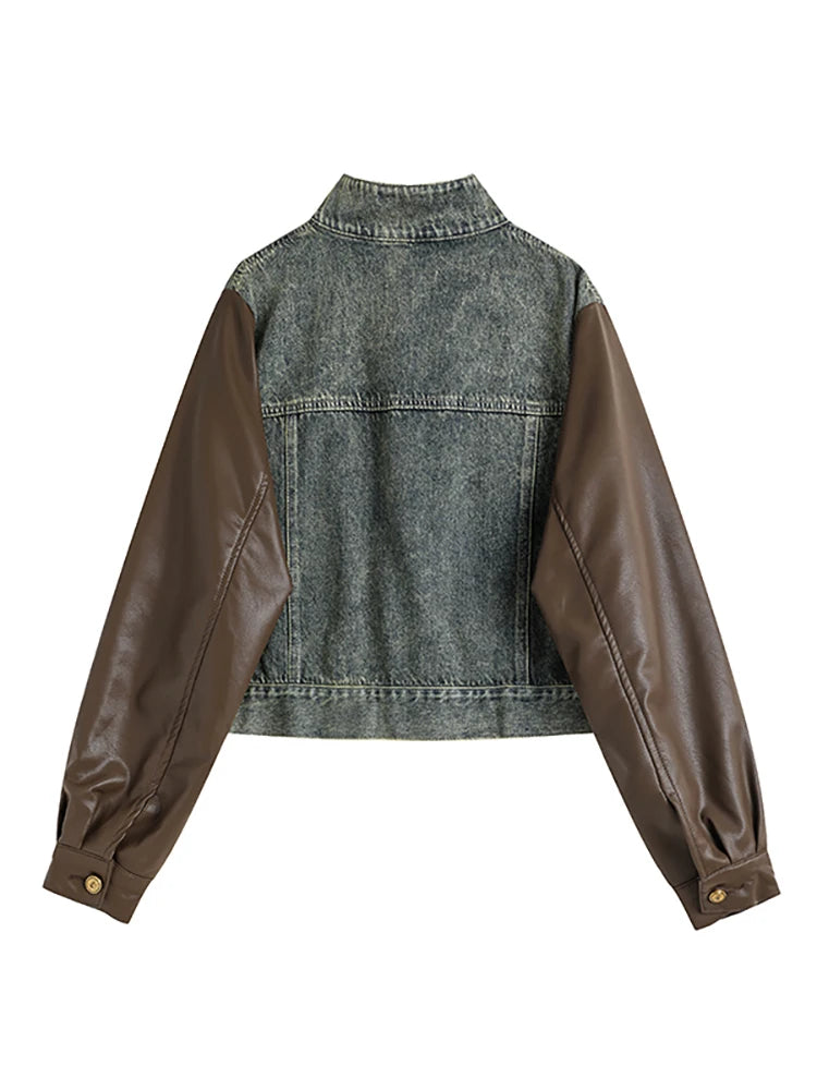 Asymmetric Denim Biker Jacket for Women with Patchwork and PU Leather