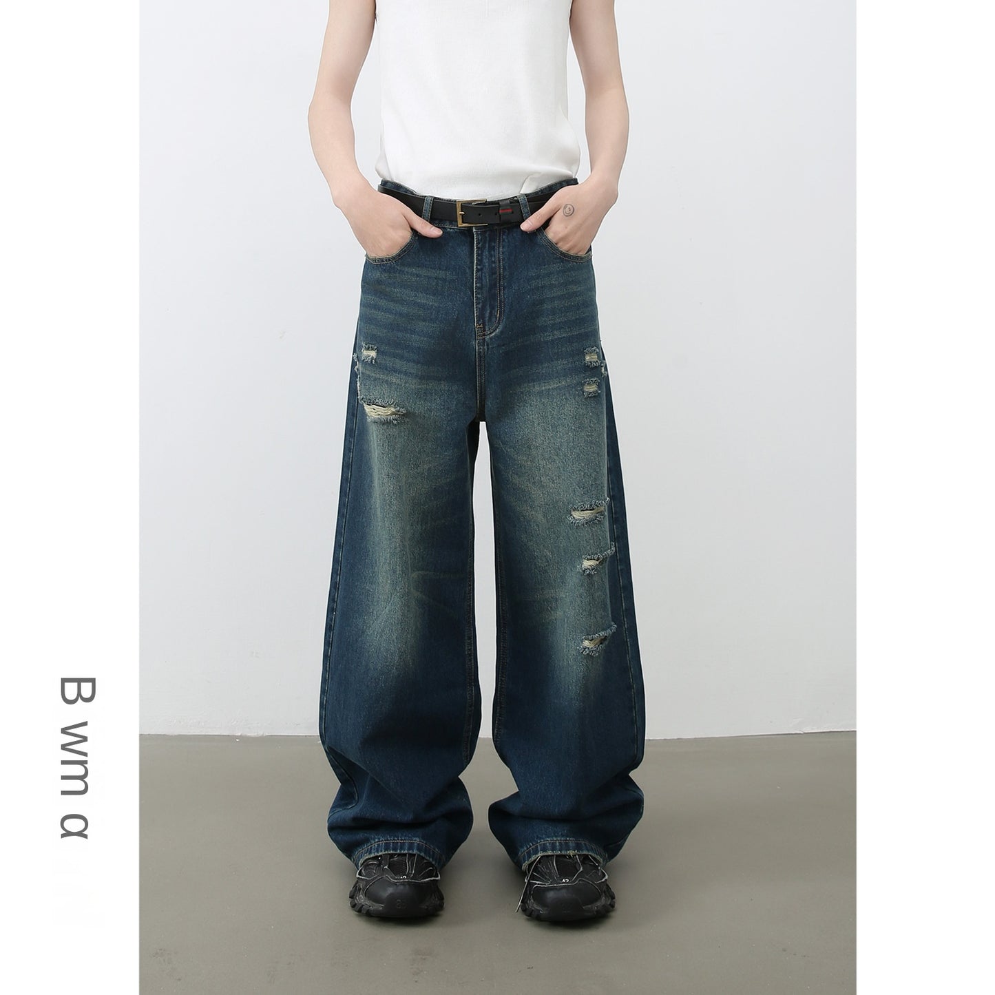 Wide-Leg Distressed Denim Trousers for Men - Loose Straight Vintage Floor-Length Pants