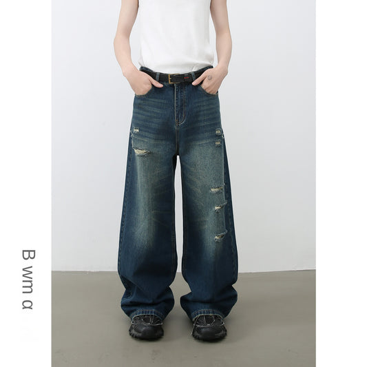 Wide-Leg Distressed Denim Trousers for Men - Loose Straight Vintage Floor-Length Pants