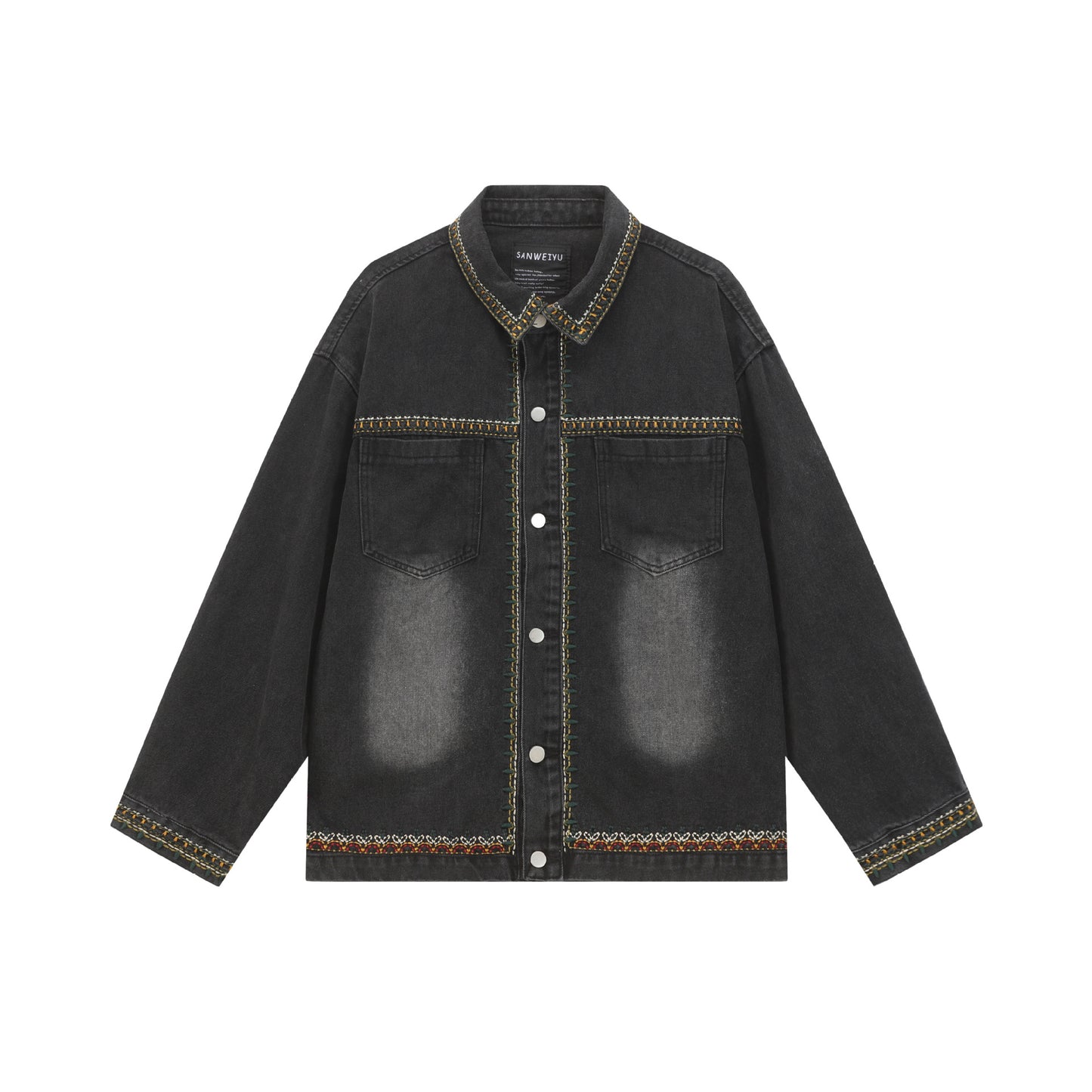 Lace Embroidery Loose Washed Denim Jacket for Men and Women