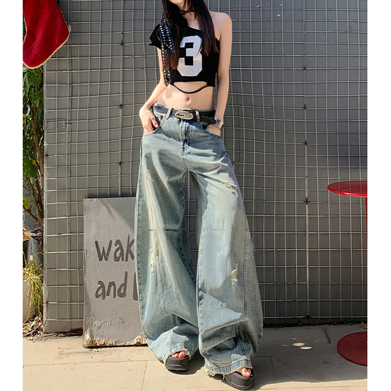 Unique  Scythe Denim Pants for Women - Slimming Distressed Wide-Leg Trousers