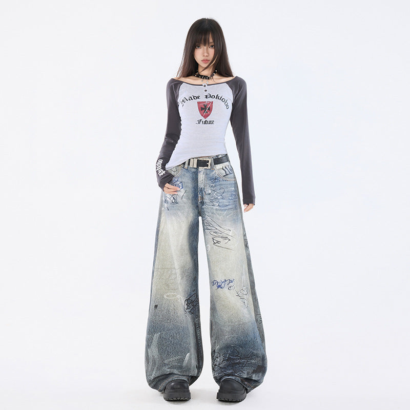 Graffiti Distressed Hand-painted Print Light Blue High Waist Wide Leg Jeans