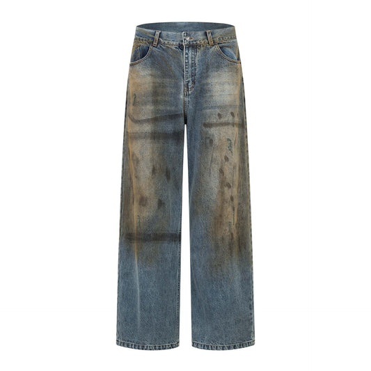 Retro Washed Tie-Dye Distressed Denim Pants - Unisex Loose Wide-Leg Trousers
