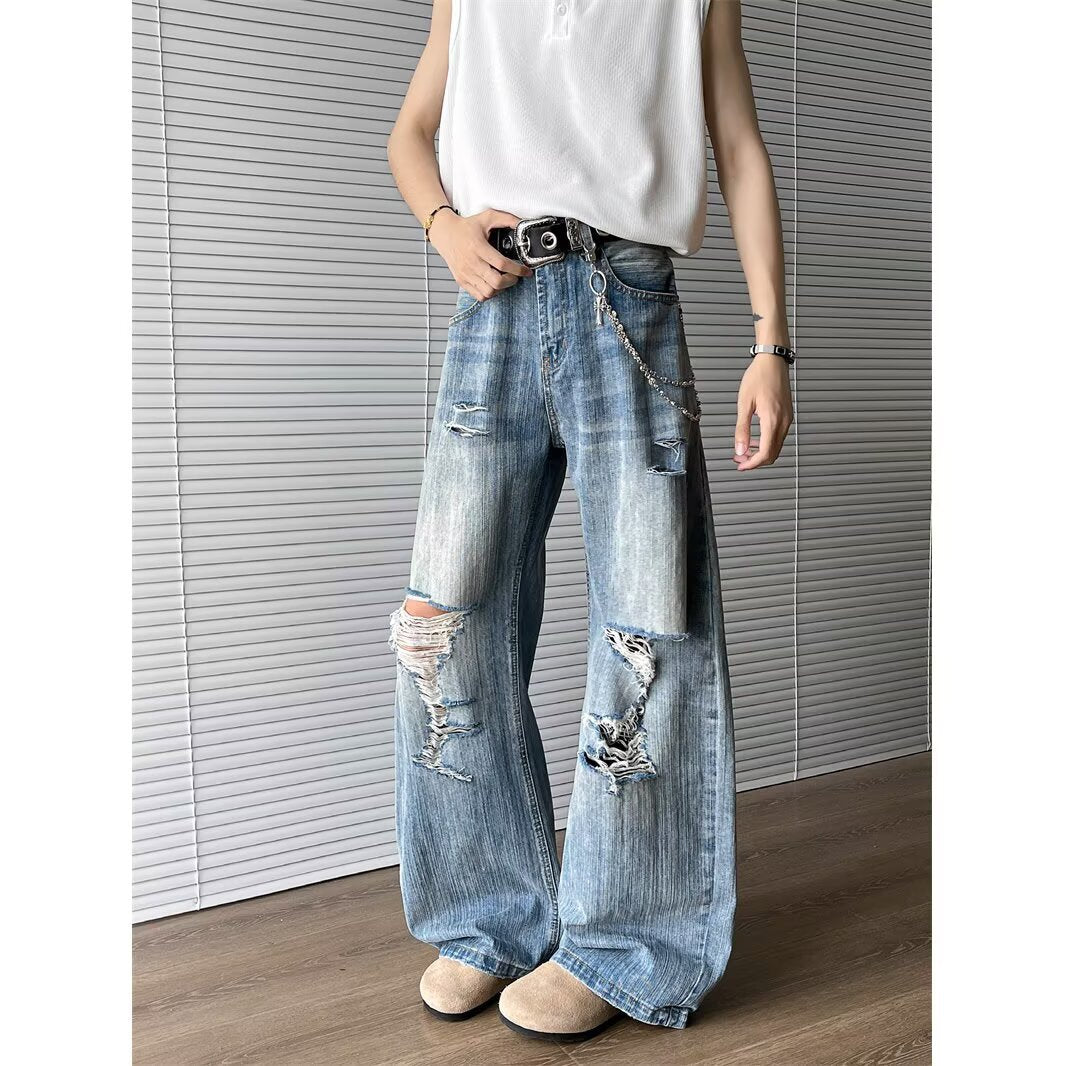 Retro Straight Tube Loose Fit Distressed Bamboo Texture Wide Leg Pants