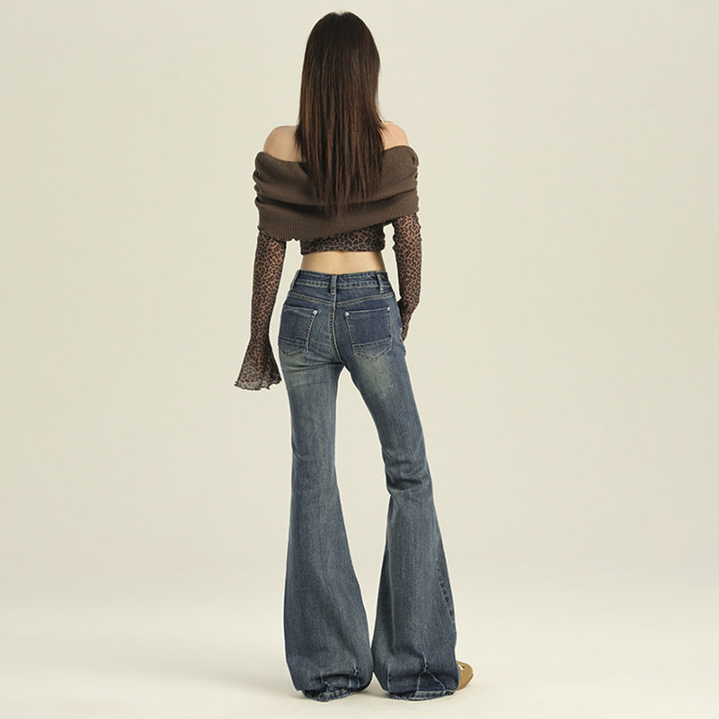 Women's Flared Jeans - Low Waist Slim Fit Ankle-Length Denim Pants