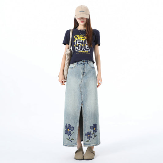 Embroidered Floral Denim Skirt for Women - High Waist Slim Fit Midi A-Line Dress