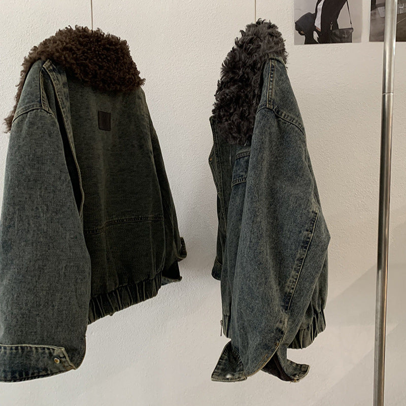 Loose Fleece-lined Thickened Denim Jacket Long Sleeve Casual Warm Top