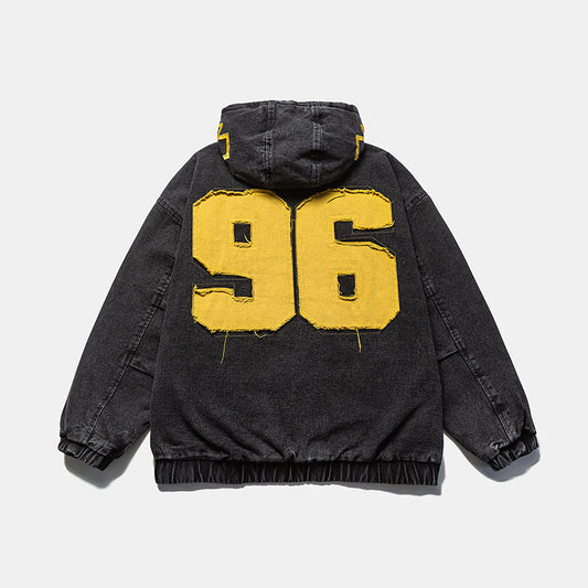 Men's Washed Denim Jacket -  Hooded Design with Patch Embroidery